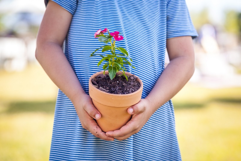 Girl holding a potted plant, representing nature at Walsh.